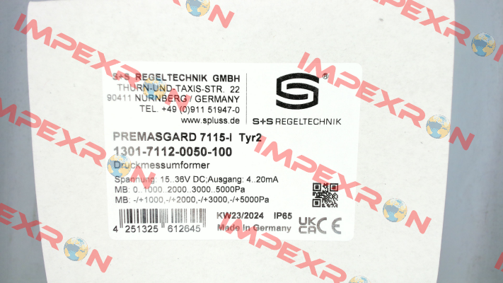 P/N: 1301-7112-0050-100, Type: 7115- I - (Q) S+S REGELTECHNIK