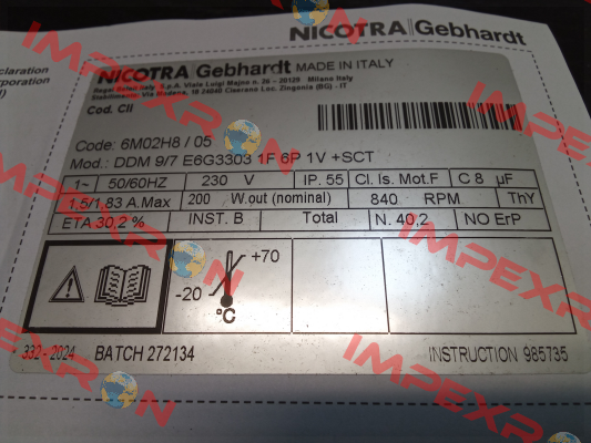 6M02H8    DDM 9/7 E6G3303 1F 6P 1V +SCT RPM - Motori elettrici