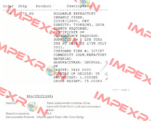 CA FIBERFRAX MOULDABLE 120 Unifrax